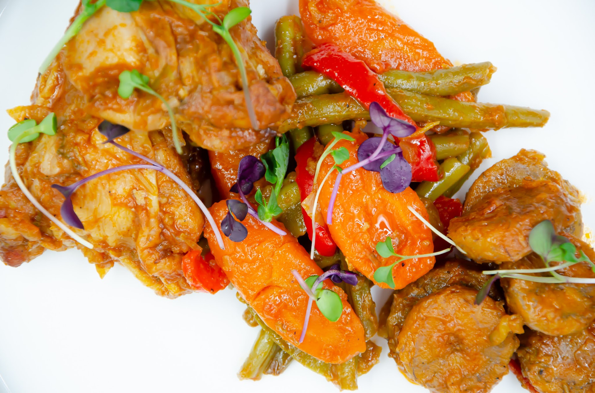 Poulet mijoté aux légumes et pousses fraîches